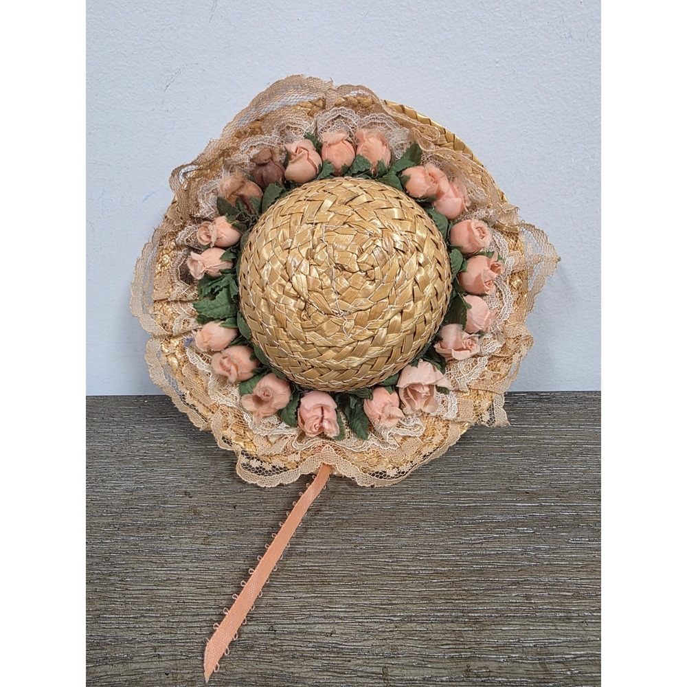Woven Straw Doll Hat 7" Lace Trim Pink Faux Roses Floral Bonnet Ribbon